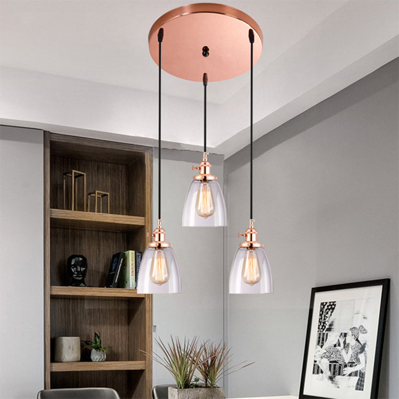 Rose Gold Cone Multi Pendant Light Fixture Modern Clear Glass 3-Light Dining Room Hanging Lamp