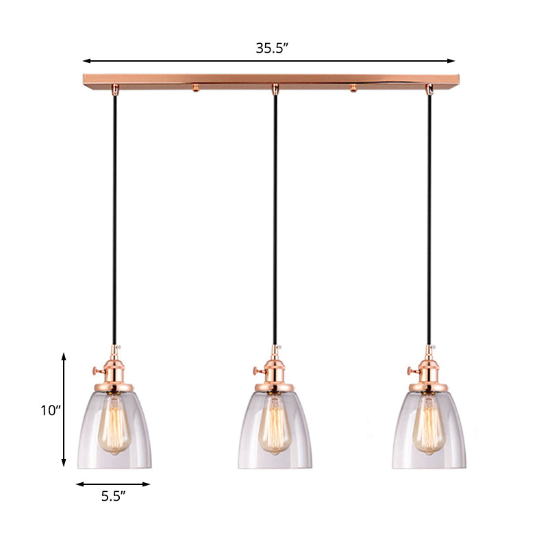 Rose Gold Cone Multi Pendant Light Fixture Modern Clear Glass 3-Light Dining Room Hanging Lamp