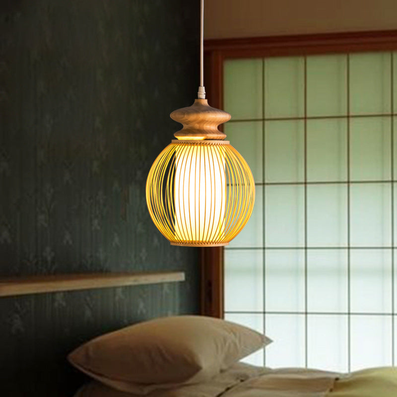 Bambus Global Shade Hanging Lampe Asian Style 1 Leuchte Leuchte Leuchte mit Holzkappe in Beige, 9 "/12" Dia