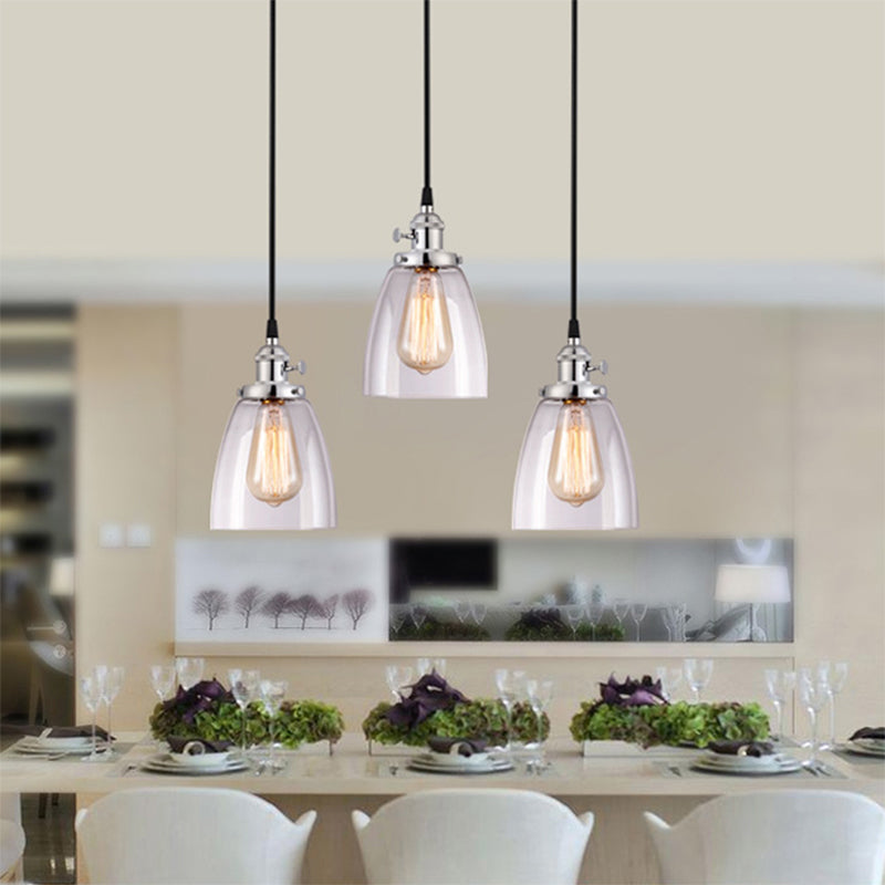 3 Lights Multiple Hanging Light Industrial Conical Clear Glass Pendant Lighting in Chrome
