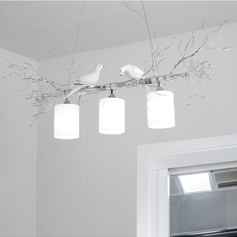 Cylinder Ceiling Island Pendant Modern 3-Head White Glass Hanging Light Fixture with Gold/Silver Branch