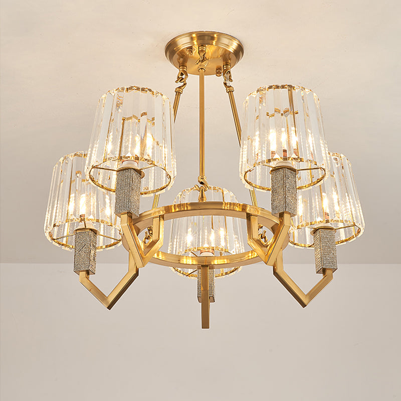 6 Heads Crooked Arm Semi Flush Modern Gold Clear Crystal Tapered Shade Ceiling Light