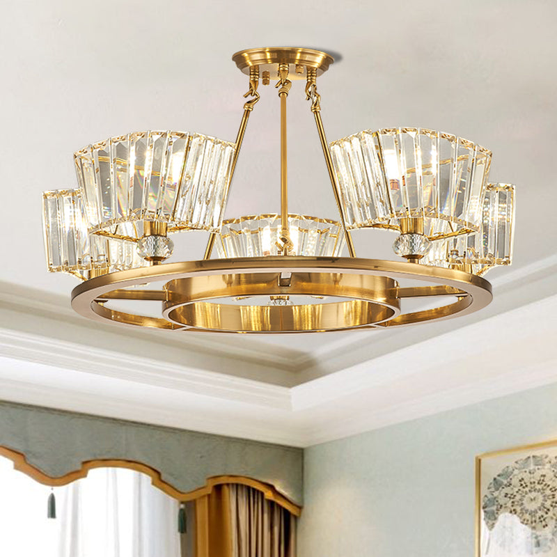 5 Bulbs Ceiling Fixture with Ring Design Contemporary Cubic Clear Glass Shade Semi Flush in Gold