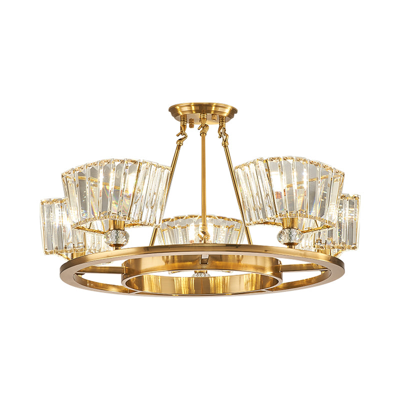 5 Bulbs Ceiling Fixture with Ring Design Contemporary Cubic Clear Glass Shade Semi Flush in Gold