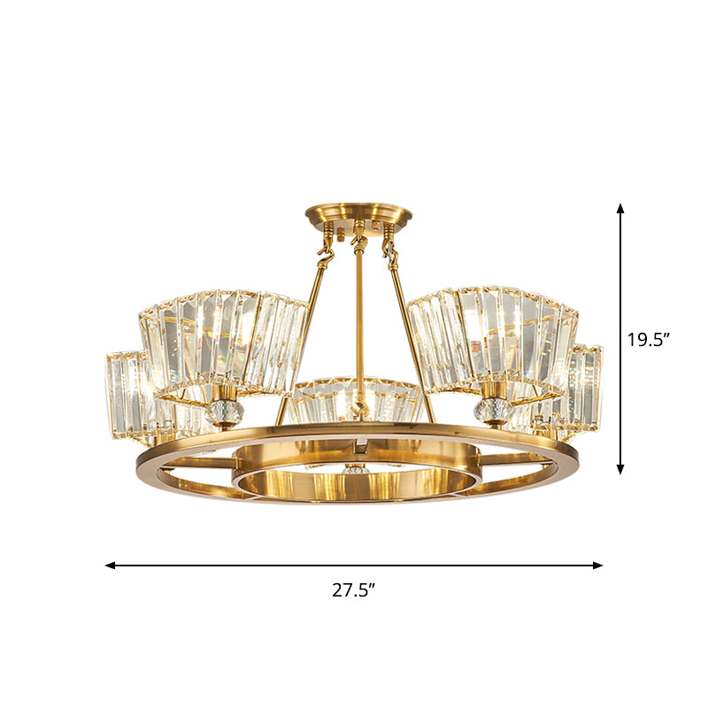 5 Bulbs Ceiling Fixture with Ring Design Contemporary Cubic Clear Glass Shade Semi Flush in Gold