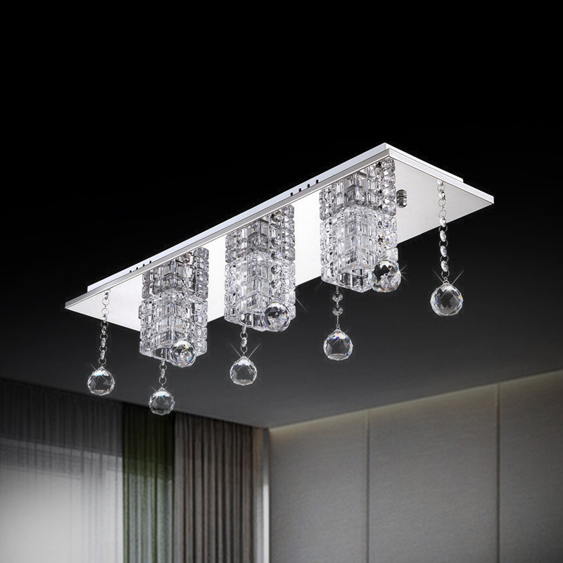 Clear Crystal Shade Nikkel Flushmount Cube 3 Heads Moderne Plafondlamp met Orbs Draping in Wit/Warm Licht