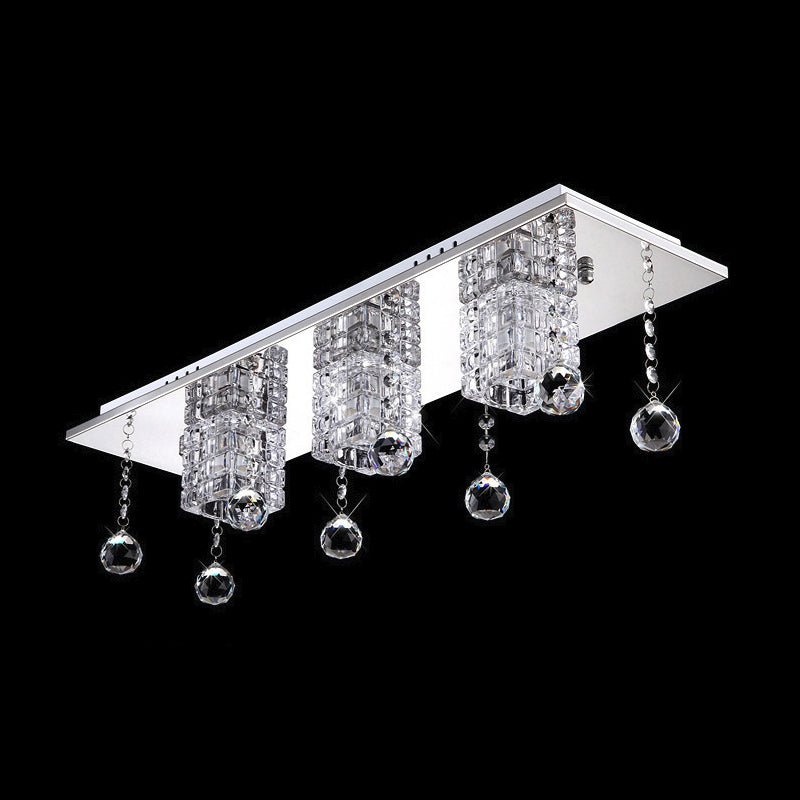 Clear Crystal Shade Nikkel Flushmount Cube 3 Heads Moderne Plafondlamp met Orbs Draping in Wit/Warm Licht