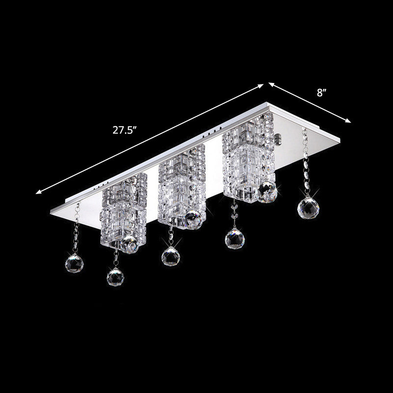 Clear Crystal Shade Nikkel Flushmount Cube 3 Heads Moderne Plafondlamp met Orbs Draping in Wit/Warm Licht