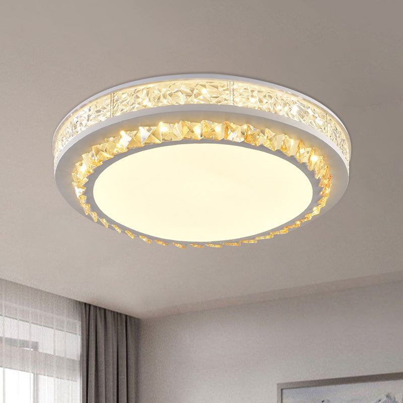 LED Flush Mount Lamp Modern Circular Clear Crystal Block Ceiling Mount in White for Living Room