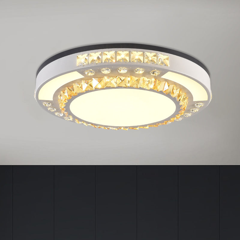 LED Flush Mount Lamp Modern Circular Clear Crystal Block Ceiling Mount in White for Living Room
