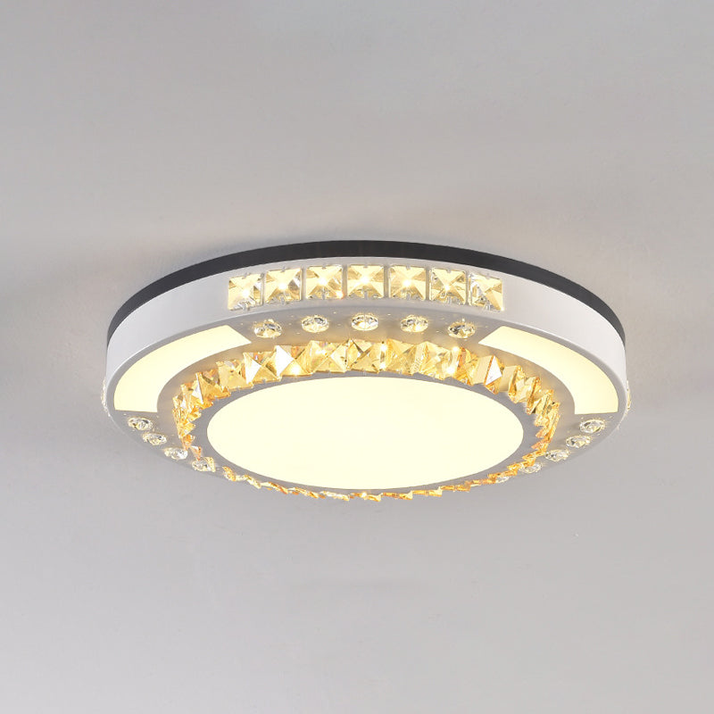 LED Flush Mount Lamp Modern Circular Clear Crystal Block Ceiling Mount in White for Living Room