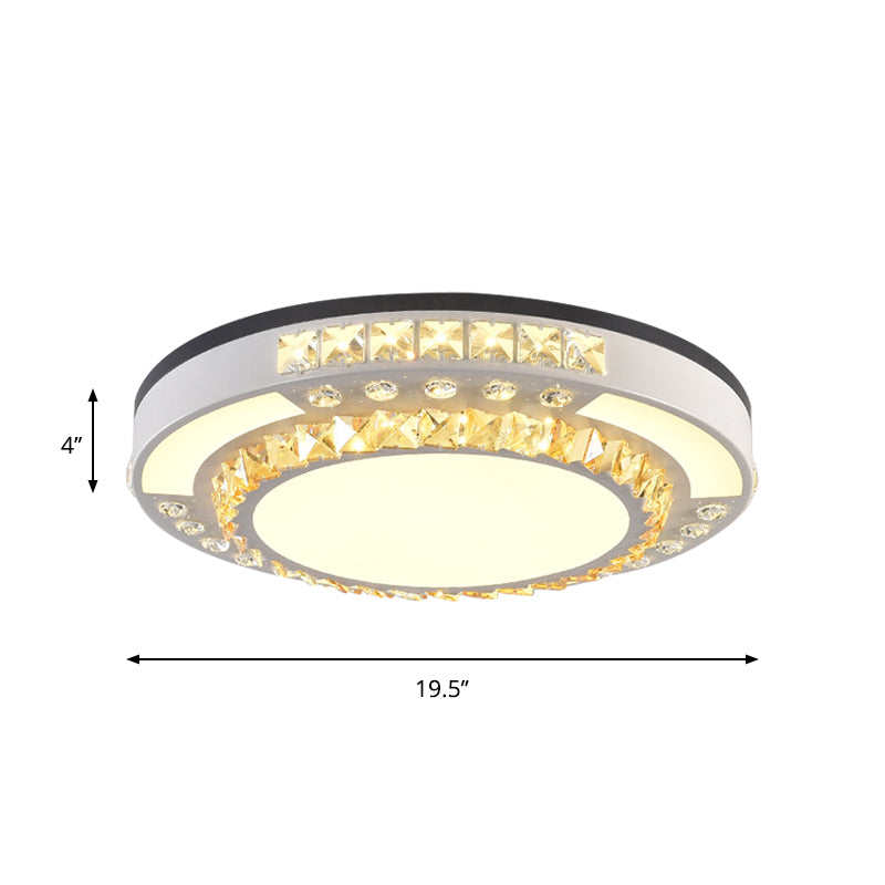 LED Flush Mount Lamp Modern Circular Clear Crystal Block Ceiling Mount in White for Living Room