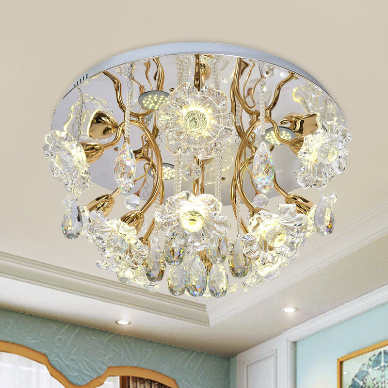 Gold LED Lighting Fixture Traditional Clear Crystal Floral Shade Flush Mount Lamp with Droplet