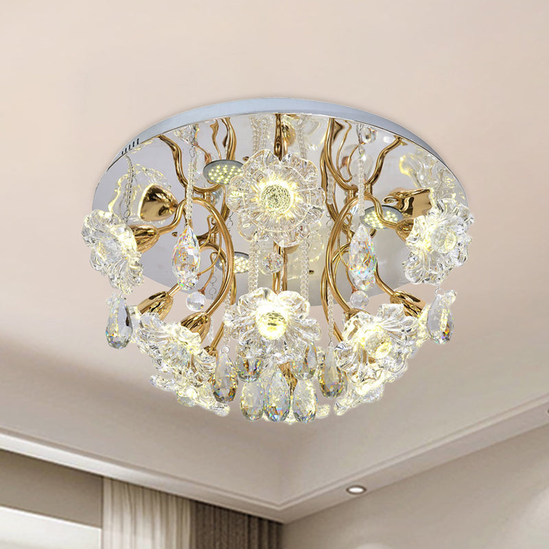 Gold LED Lighting Fixture Traditional Clear Crystal Floral Shade Flush Mount Lamp with Droplet