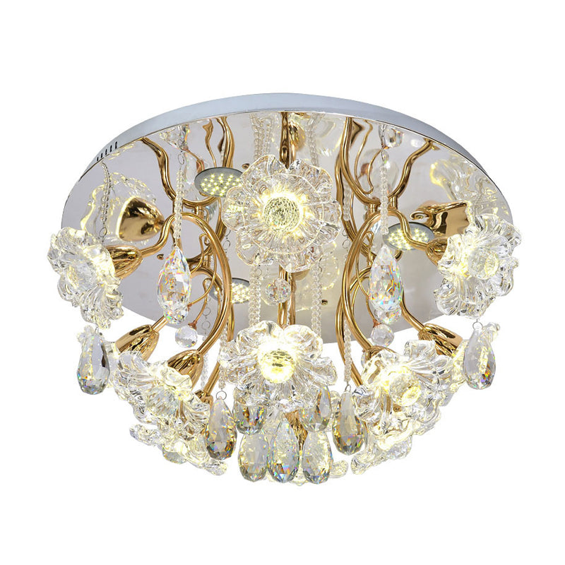 Gold LED Lighting Fixture Traditional Clear Crystal Floral Shade Flush Mount Lamp with Droplet