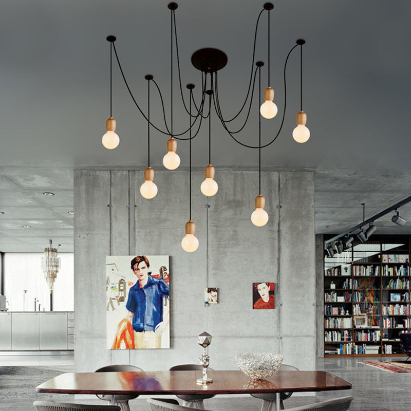 Black Swag Hanging Lamp with Exposed Bulb Industrial Wood 8/12 Lights Dining Room Pendant Lamp