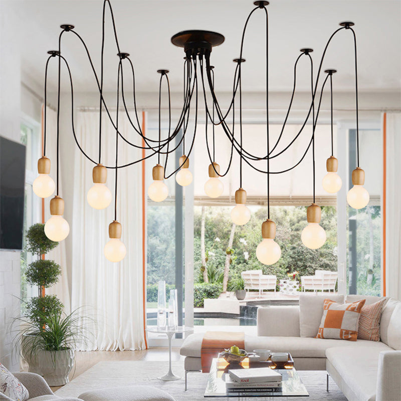 Black Swag Hanging Lamp with Exposed Bulb Industrial Wood 8/12 Lights Dining Room Pendant Lamp