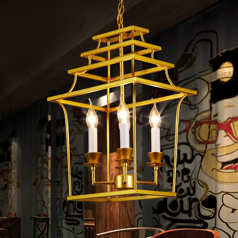 Golden Lantern Cage Hanging Lamp Vintage Stylish Metal 4 Lights Living Room Pendant Lighting