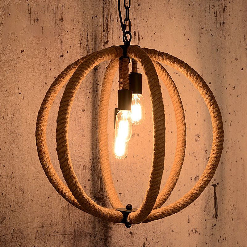 Orb Shade Hallway Chandelier Hanging Light Retro Style Hemp Rope 3 Lights Beige Ceiling Lamp