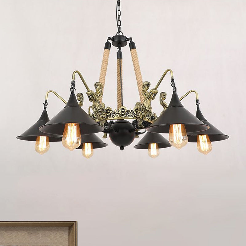 Industrial Bell Chandelier Light 6/8 Bulbs Metal and Rope Suspension Light with Mermaid Deco in Black