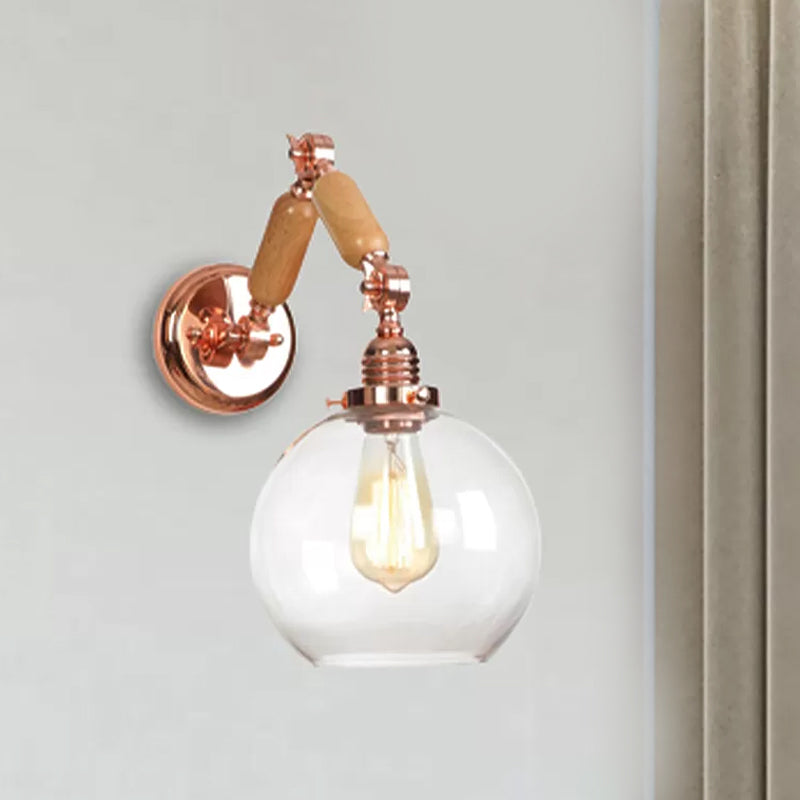 1 Bulb Globe Wall Mounted Light Fixture Rustic Rose Gold Clear Glass Lighting with Extendable Arm