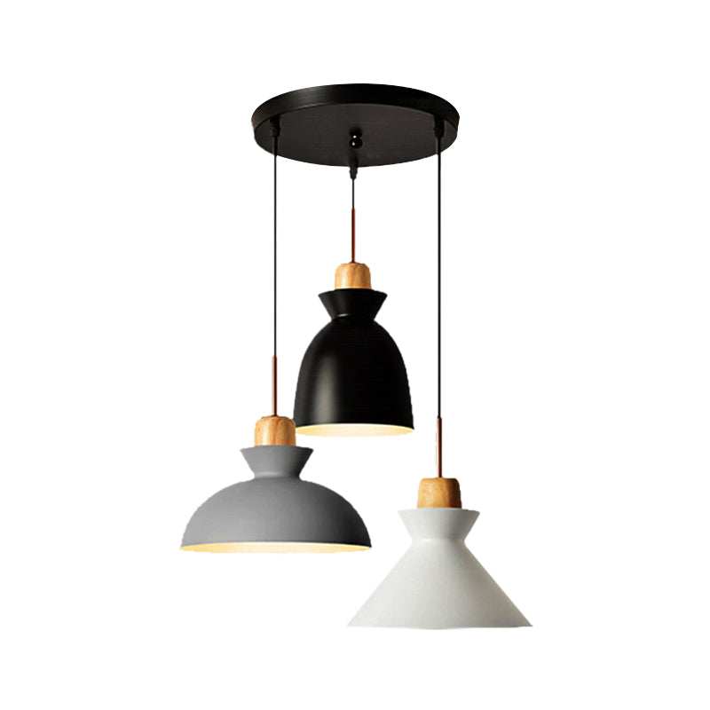 3 Bulbs Pendant Lighting with Shade Metal and Wood Nordic Style Indoor Ceiling Light Fixture in Black