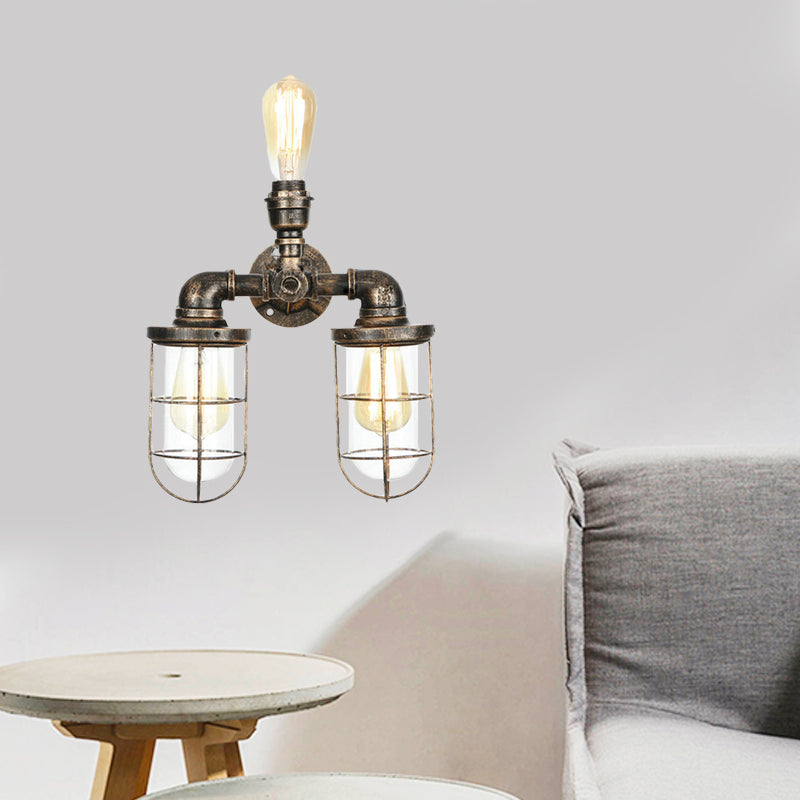 3 Heads Water Pipe Wall Mount Fixture with Cage Shade Nautical Style Antique Brass Iron Wall Lighting