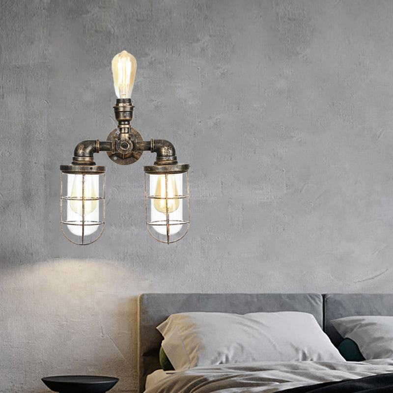 3 Heads Water Pipe Wall Mount Fixture with Cage Shade Nautical Style Antique Brass Iron Wall Lighting