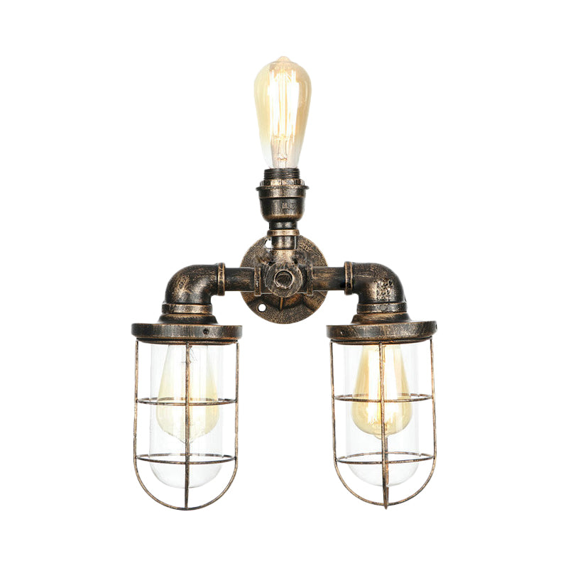 3 Heads Water Pipe Wall Mount Fixture with Cage Shade Nautical Style Antique Brass Iron Wall Lighting