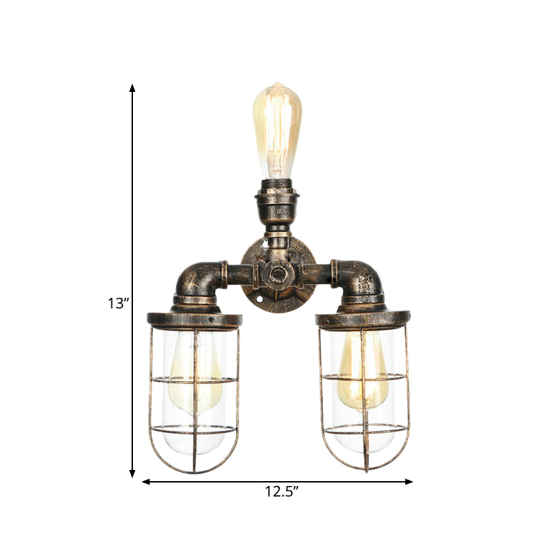 3 Heads Water Pipe Wall Mount Fixture with Cage Shade Nautical Style Antique Brass Iron Wall Lighting