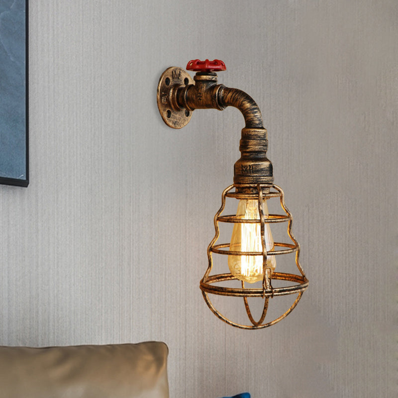 1 cage de tête en forme de bulbe de lampe murale de lampe à la ferme en bronze vieilli en bronze en bronze applique murale avec roue de soupape