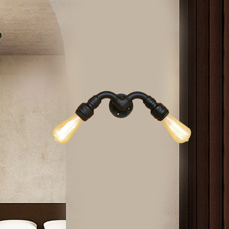 Lámpara de pared de bombilla desnuda de estilo vintage con diseño de tuberías de 2 cabezas aplique de pared metálica en negro para interiores