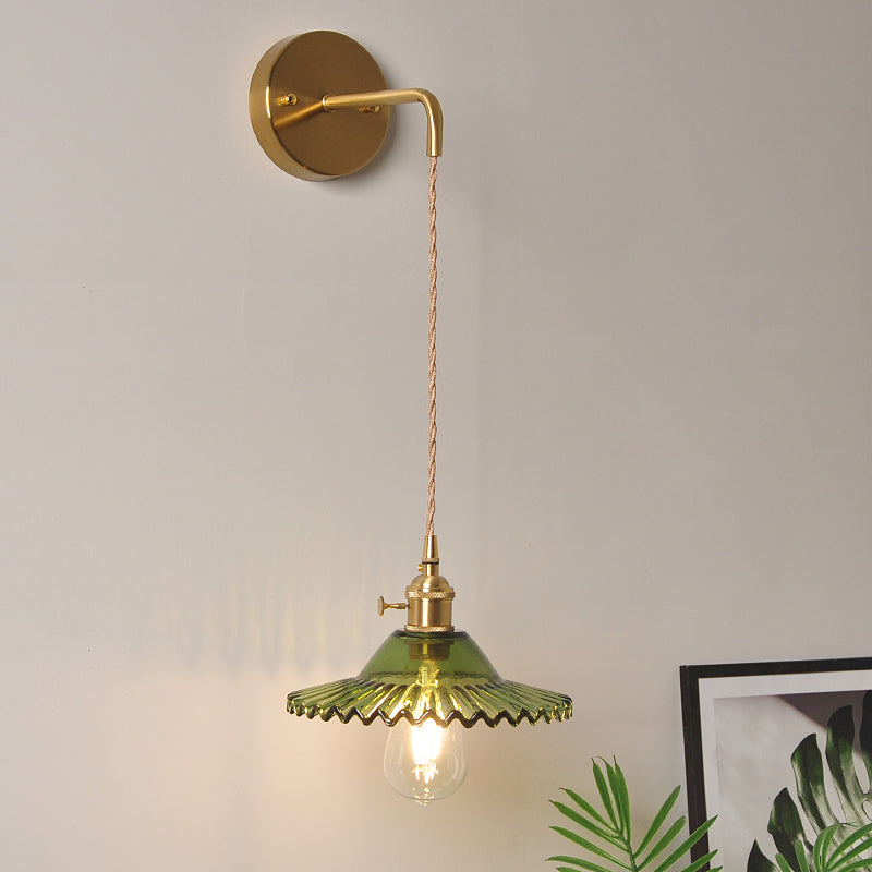 Green Glass Scalloped Wall Sconce Industrial 1 Light Living Room Lighting Fixture in Brass