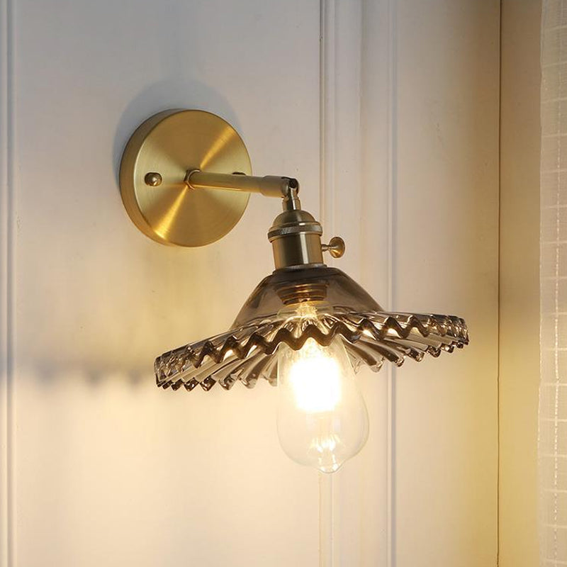 Brass Scalloped Wall Lighting Industrial Smoked Glass 1 Light Living Room Sconce Light Fixture