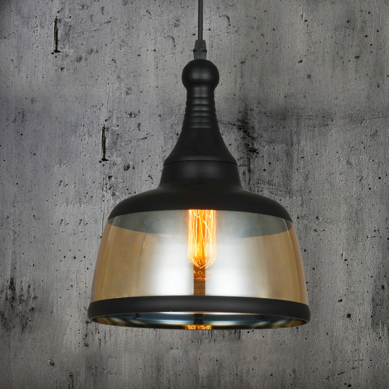 8"/8.5" Wide Cylinder Pendant Lighting Industrial 1 Light Amber Glass Hanging Lamp in Black