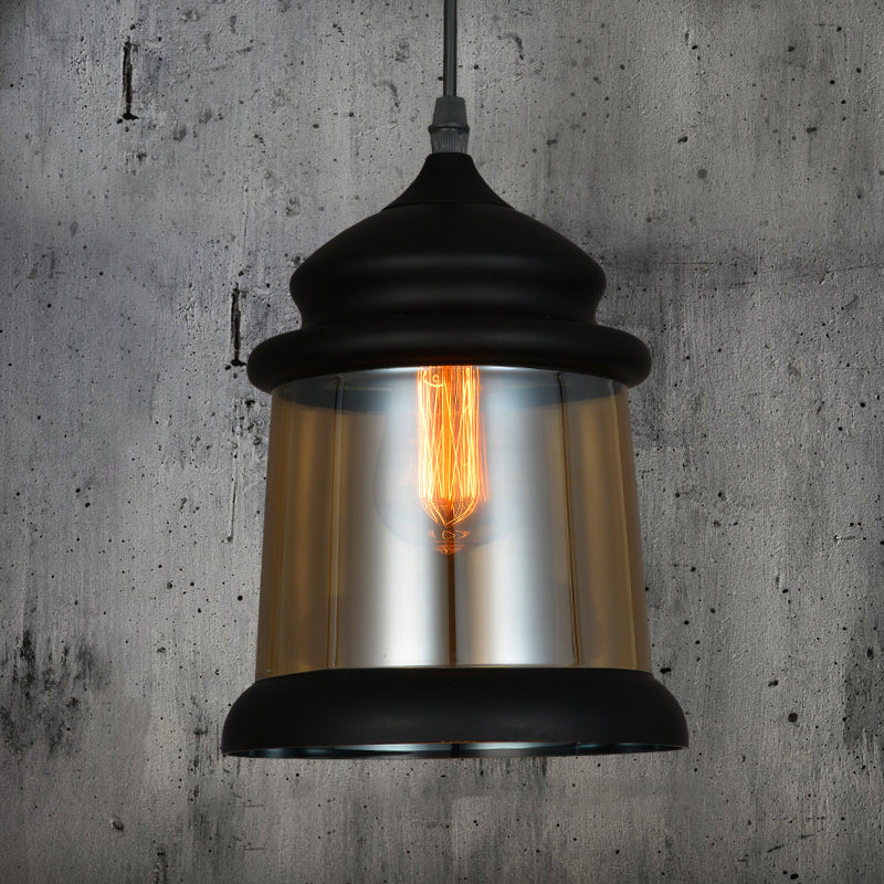 8"/8.5" Wide Cylinder Pendant Lighting Industrial 1 Light Amber Glass Hanging Lamp in Black