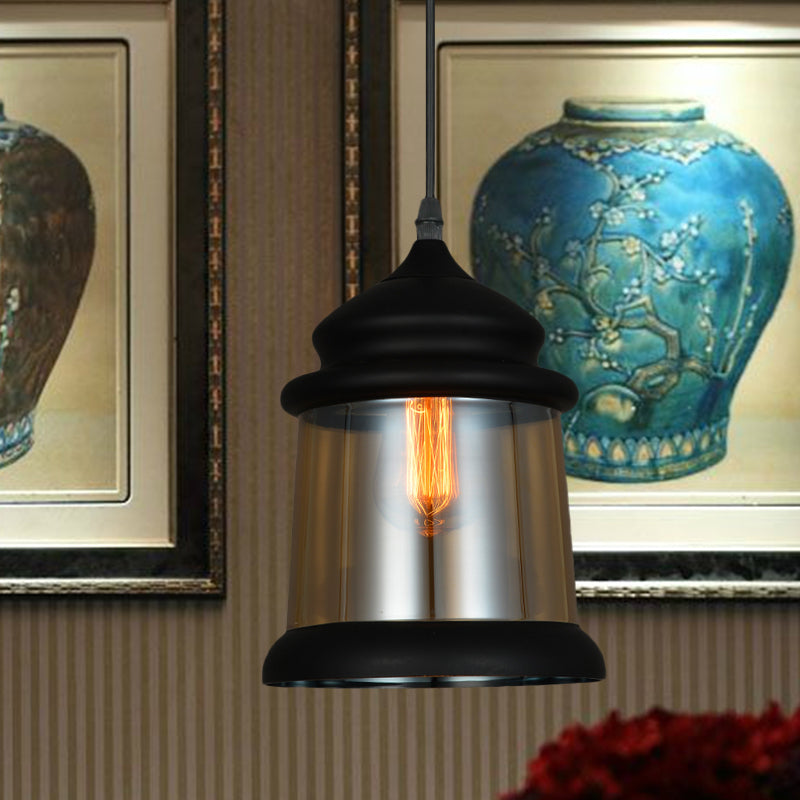 8"/8.5" Wide Cylinder Pendant Lighting Industrial 1 Light Amber Glass Hanging Lamp in Black