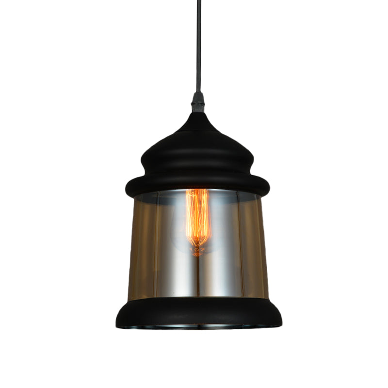 8"/8.5" Wide Cylinder Pendant Lighting Industrial 1 Light Amber Glass Hanging Lamp in Black