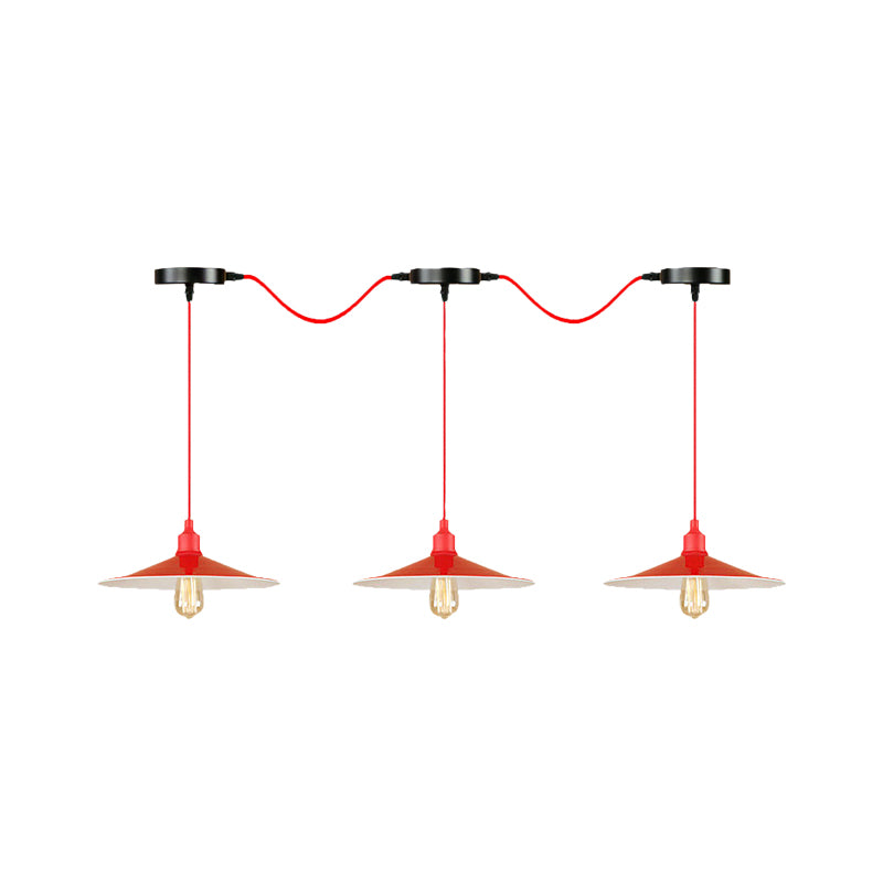 Industrial Style Flared Hanging Lamp 3/5 Lights Metallic Hanging Light Fixture in Red for Kitchen