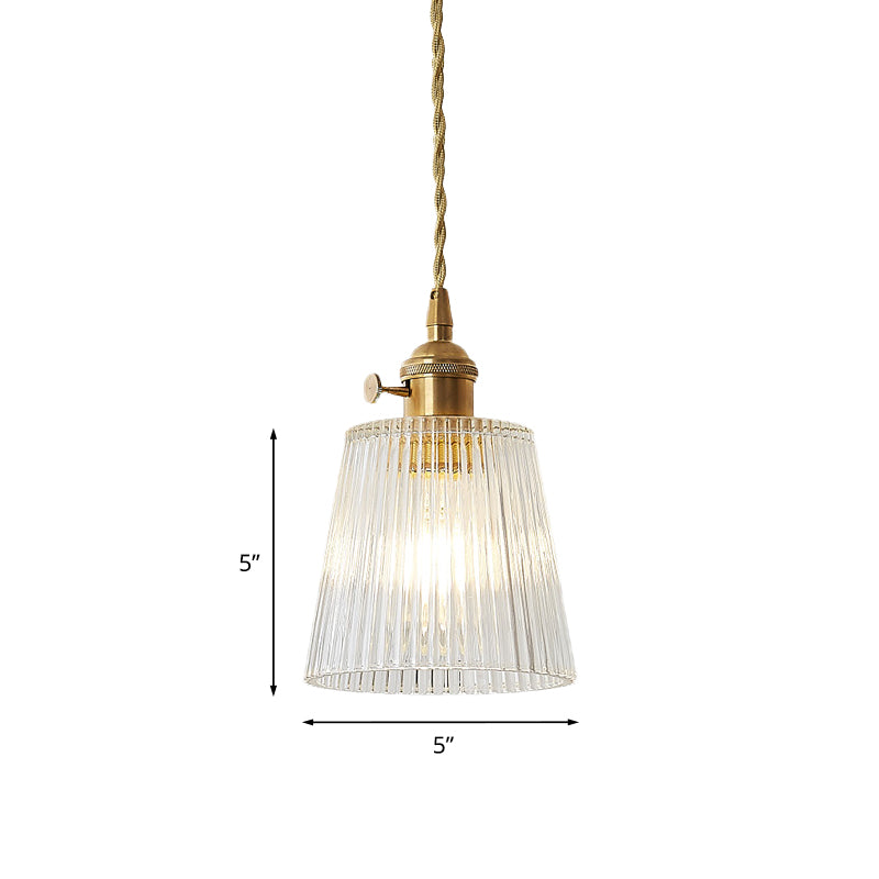 Contemporary Cone Hanging Ceiling Light 1 Light Ribbed Glass Pendant Lighting in Brass