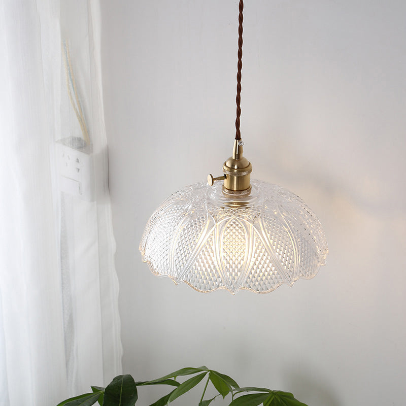 Brass 1 Light Pendant Lighting Modern Etched Prismatic Glass Dome Hanging Lamp for Living Room