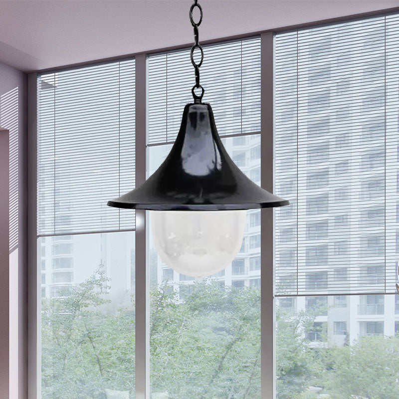 Antique Style Flared Pendant Light with Clear Glass Shade 1 Bulb Hanging Lamp in Rust/Black Finish for Outdoor