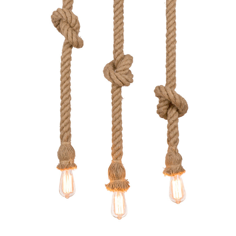 Natural Rope Beige Suspended Light with Open Bulb Country 3 Lights Balcony Pendant Lighting