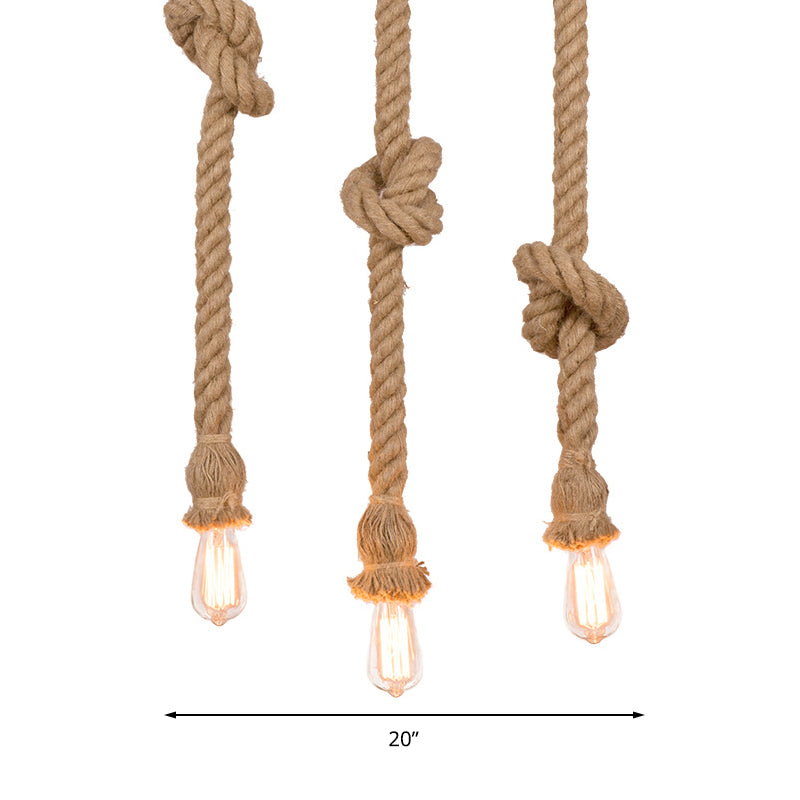 Natural Rope Beige Suspended Light with Open Bulb Country 3 Lights Balcony Pendant Lighting