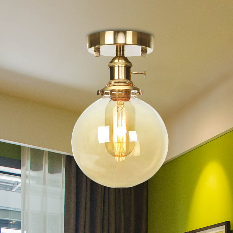 Brass One Bulb Ceiling Lighting Farmhouse Clear/Amber Glass Globe Semi Flush Light for Dining Room