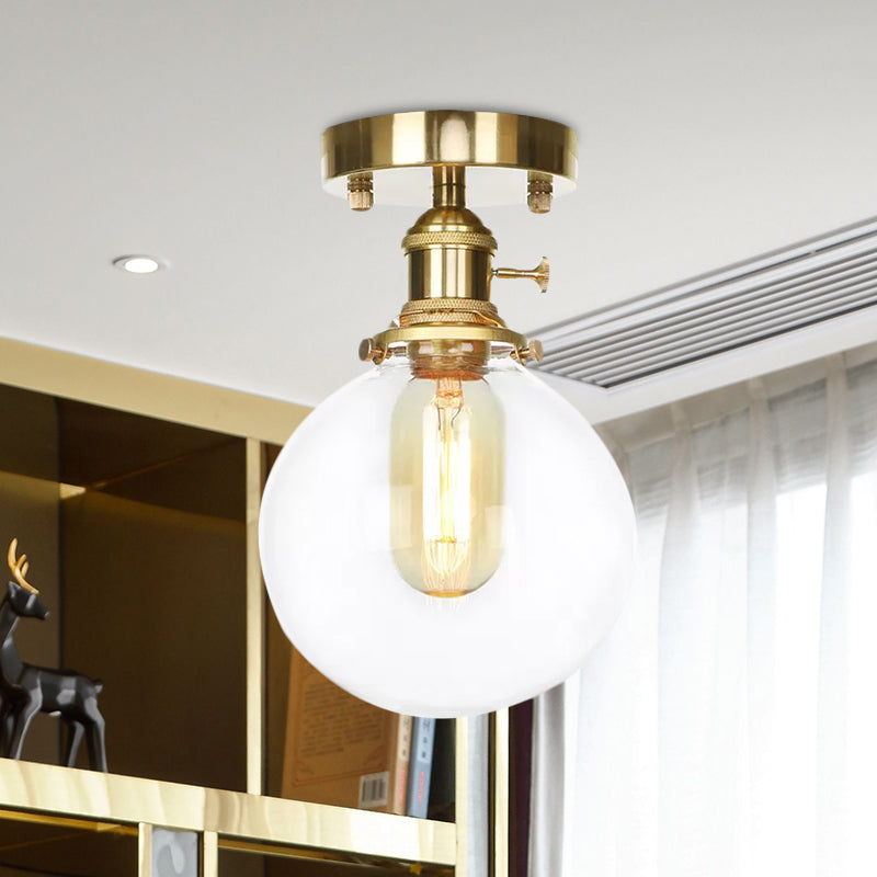 Brass One Bulb Ceiling Lighting Farmhouse Clear/Amber Glass Globe Semi Flush Light for Dining Room