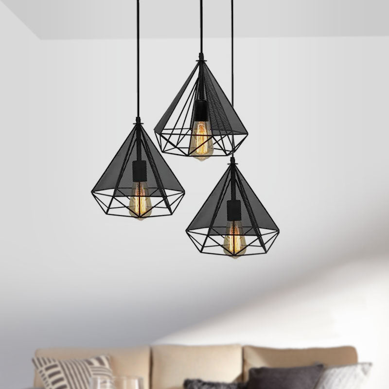 Cage diamante nera Light Hanging Style Retro Metallic 3 teste Sala da pranzo Illuminazione a sospensione con baldacchino rotondo/lineare