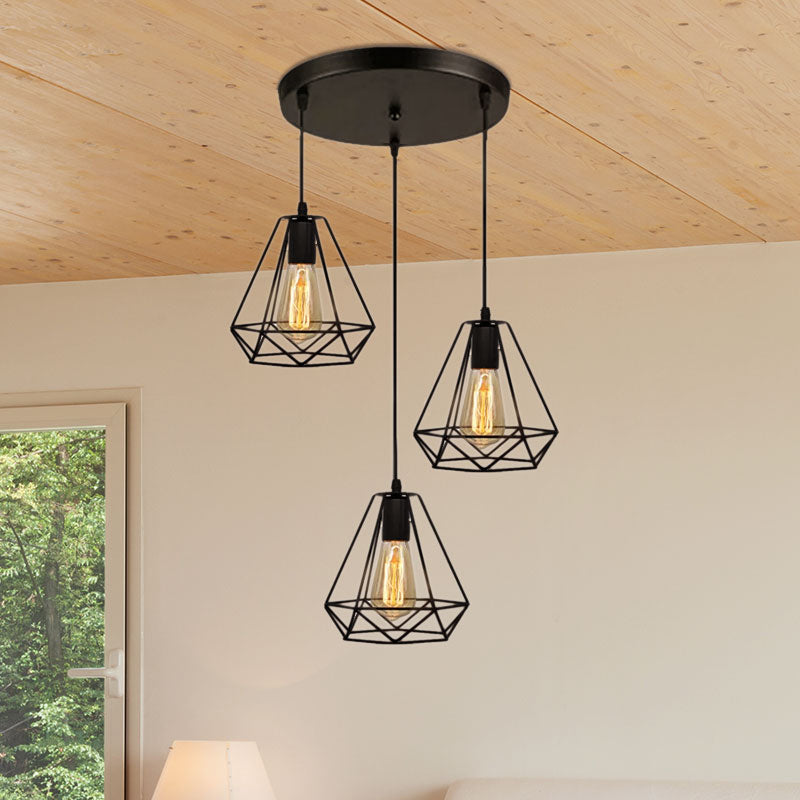 Metal Teardrop Cage Hanging Lighting Vintage Industrial 3 Lights Living Room Pendant Light in Black