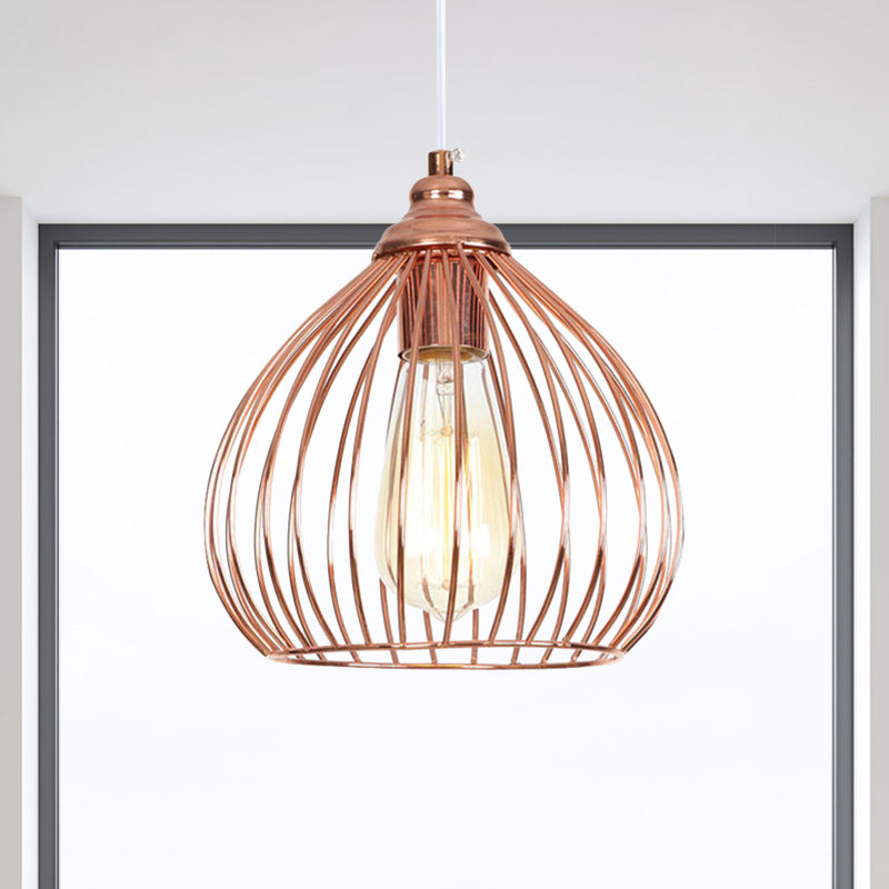 Gourd Single Pendant Light with Wire Guard 1 Light Industrial Hanging Ceiling Light in Rose Gold