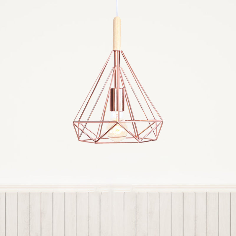 Diamond Metal Cage Pendant Light Nordic Industrial 1 Light Ceiling Hanging Light in Rose Gold